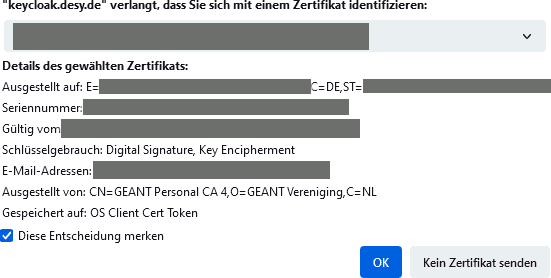 Screenshot of firefox settings page, disabling sending of certificates.