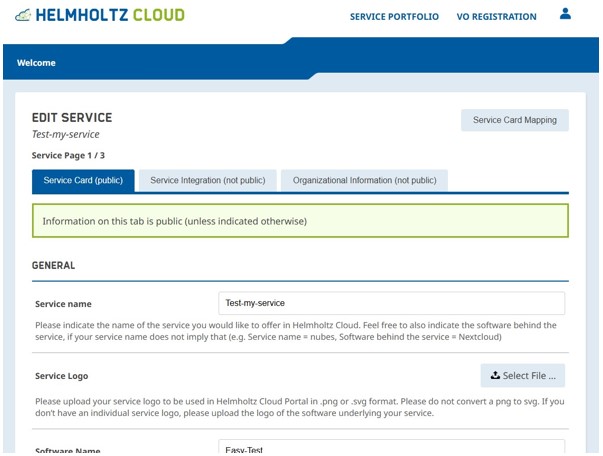 Screenshot of the Plony Database, highlighting three tabs at the top: 'Service Card (public)', 'Service Integration (not public)', and 'Organizational Information (not public)'.