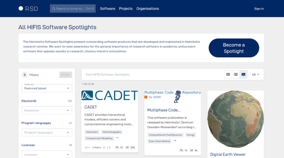Screenshot of the Spotlights page on helmholtz.software