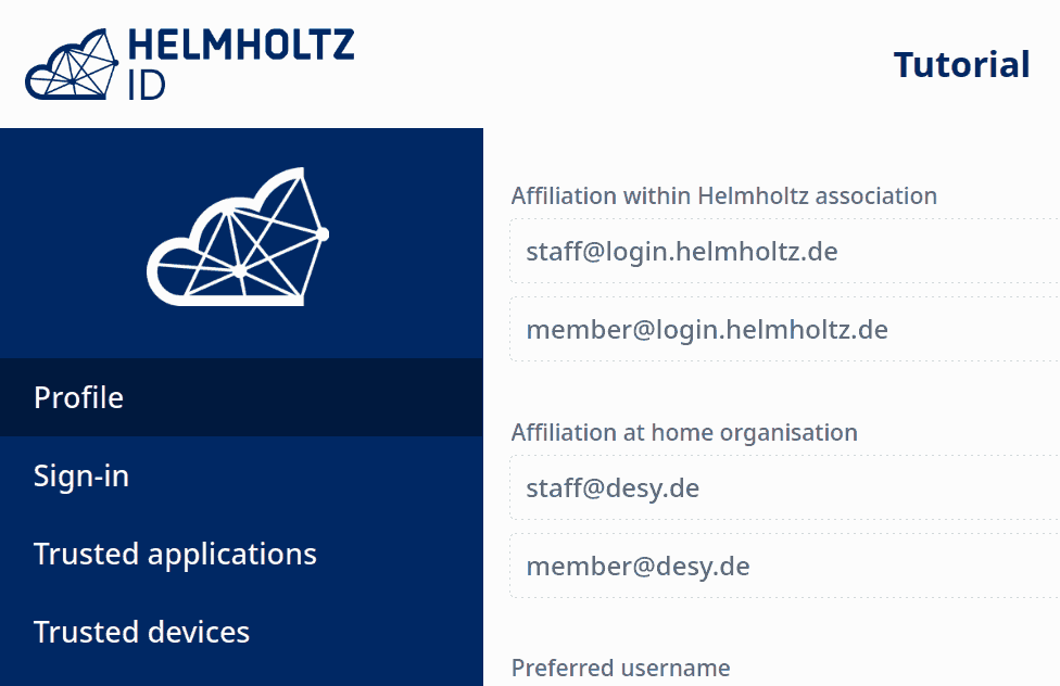 Screenshot of the user profile at Helmholtz ID. Under the heading Affiliation at home office, there is an email address that begins with employee@.