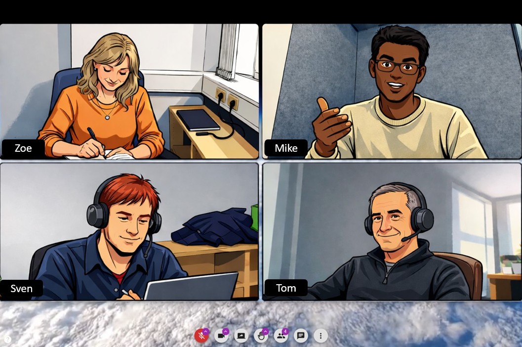 A screenshot of a browser-based video conferencing service showing four participants in a grid layout during an online meeting. The interface includes standard controls such as microphone, camera, screen sharing, and chat.