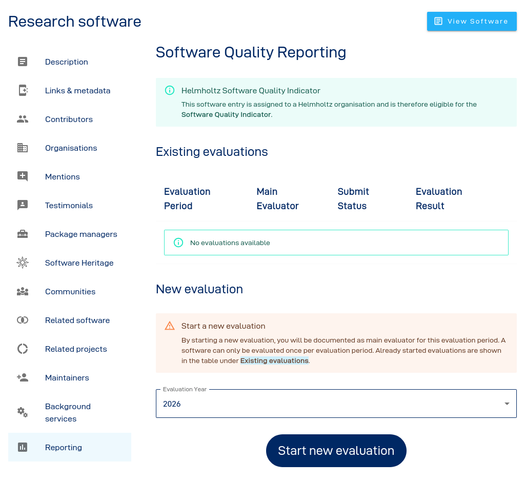 Screenshot of the reporting overview page in helmholtz.software.
