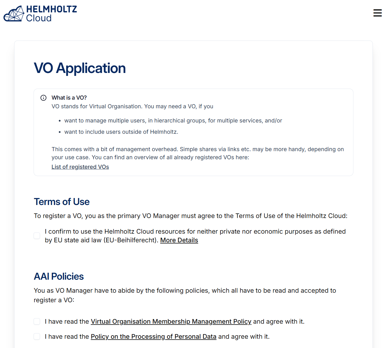 The Screenshot of the Helmholtz Cloud shows the application form for Helmholtz ID groups.