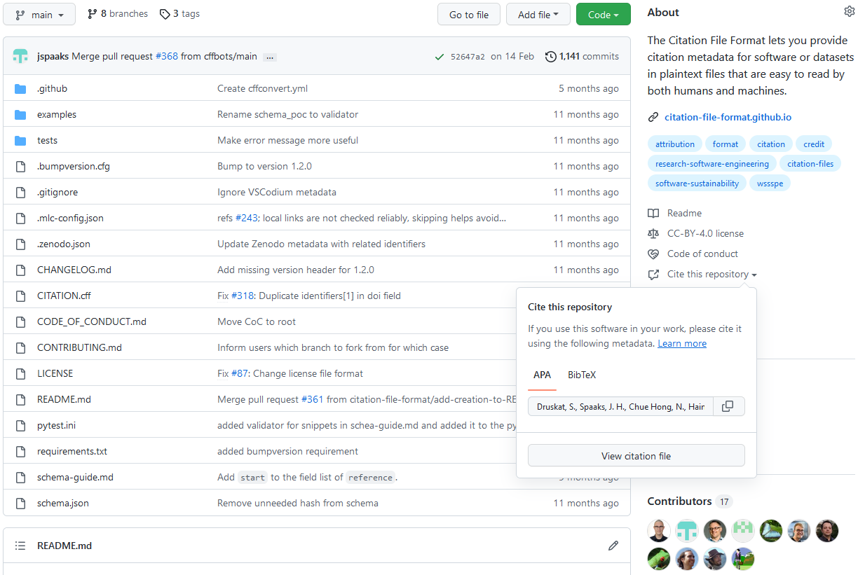 The GitHub citation widget displaying citation information based on CITATION.cff.