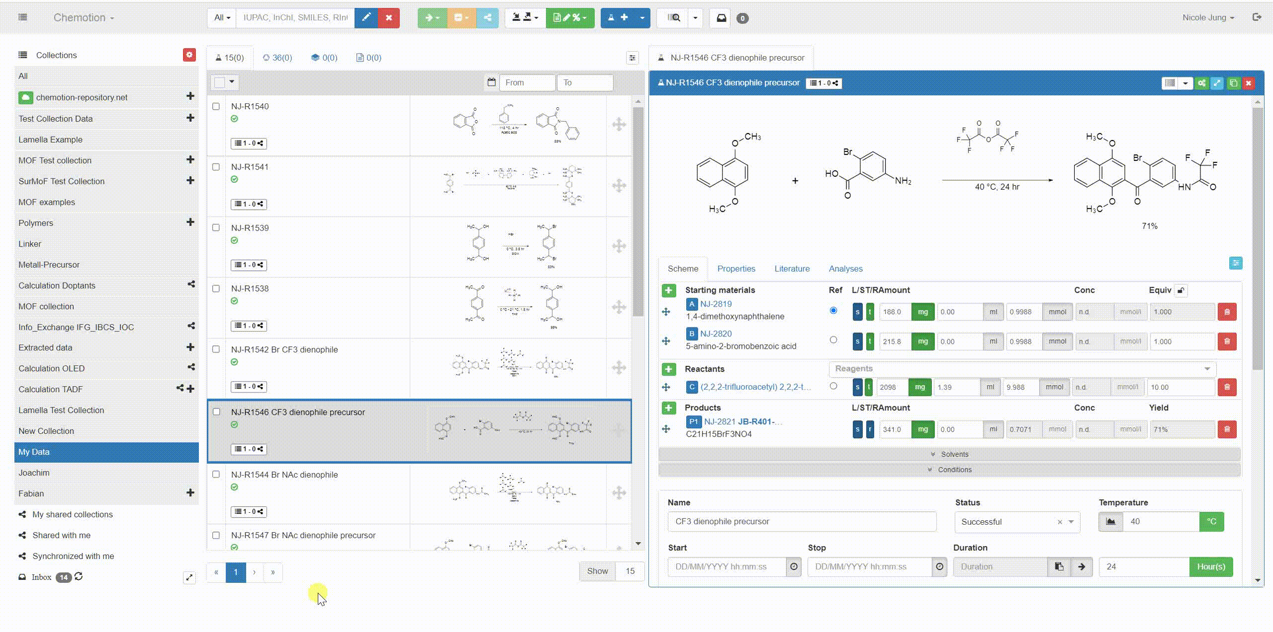 The graphical user interface of Chemotion ELN