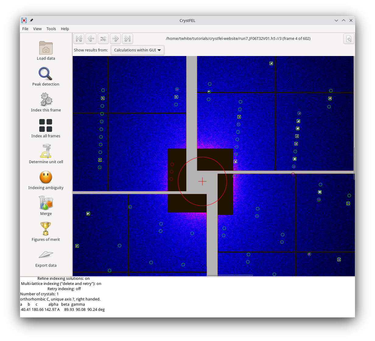Screenshot of the CrystFEL graphical user interface.