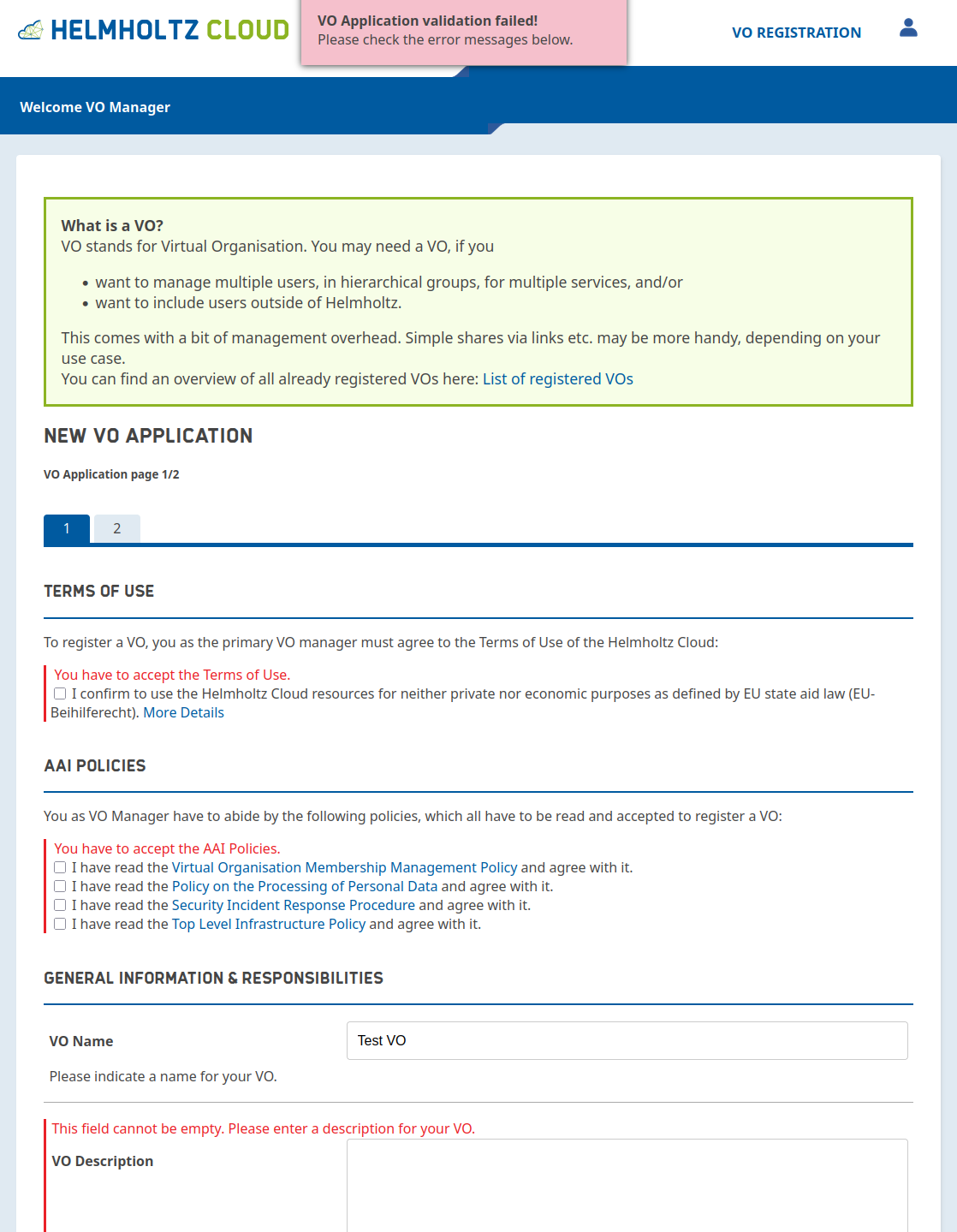 VO Application validation failed