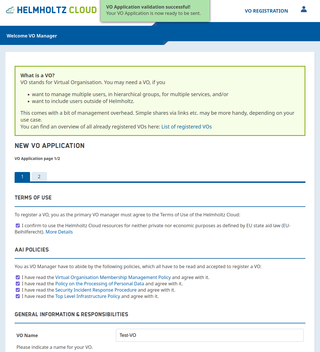 VO Application validation succesful