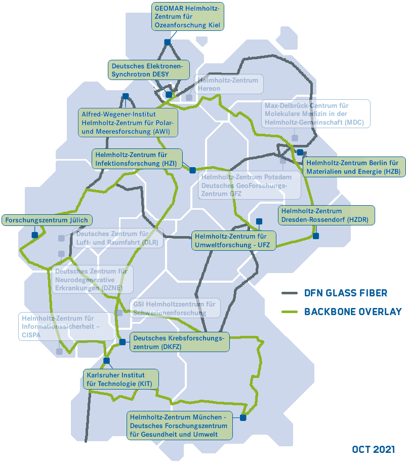 Map of the Helmholtz centres connected to X-Win and the additional backbone network