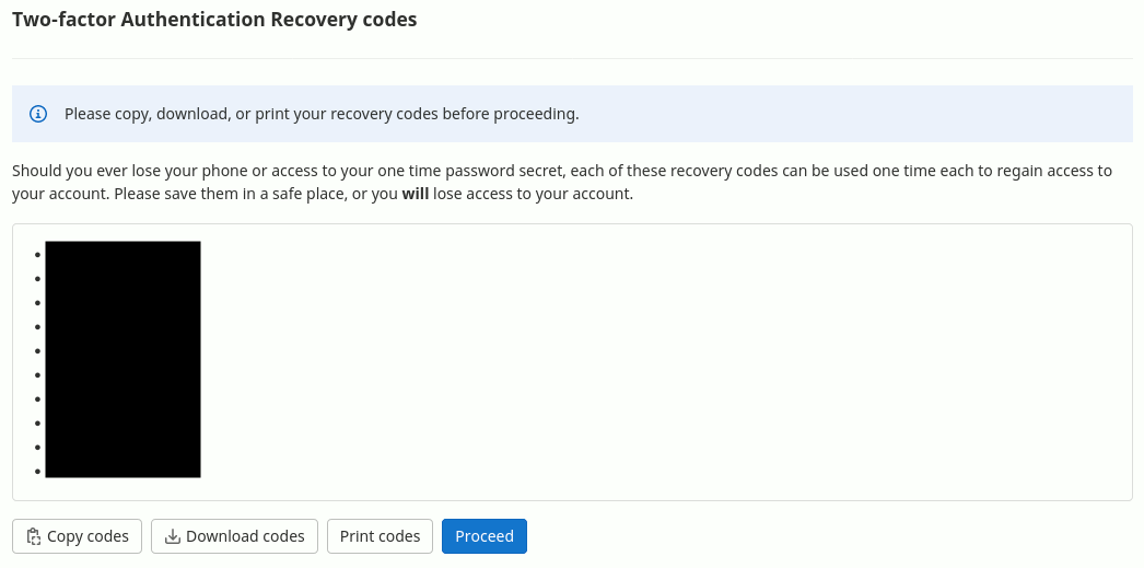Recovery codes screenshot