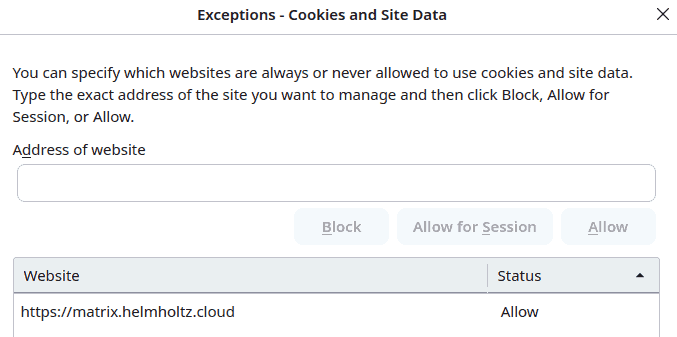 screenshot of firefox browser settings with matrix set as exception