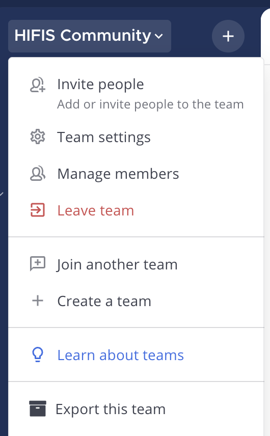 Screenshot: main menu item “Export this team”